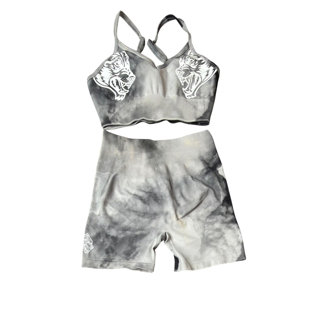 Darc Sport She Wolf Tie Dye Ribbed Sports Bra and Shorts Set Grey Small Limited
